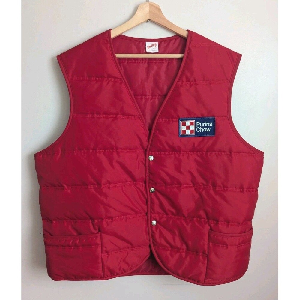 Vintage 80s Unitog Vest XXL Red Puffer Snap Pockets Purina Chow Patch Farmercore